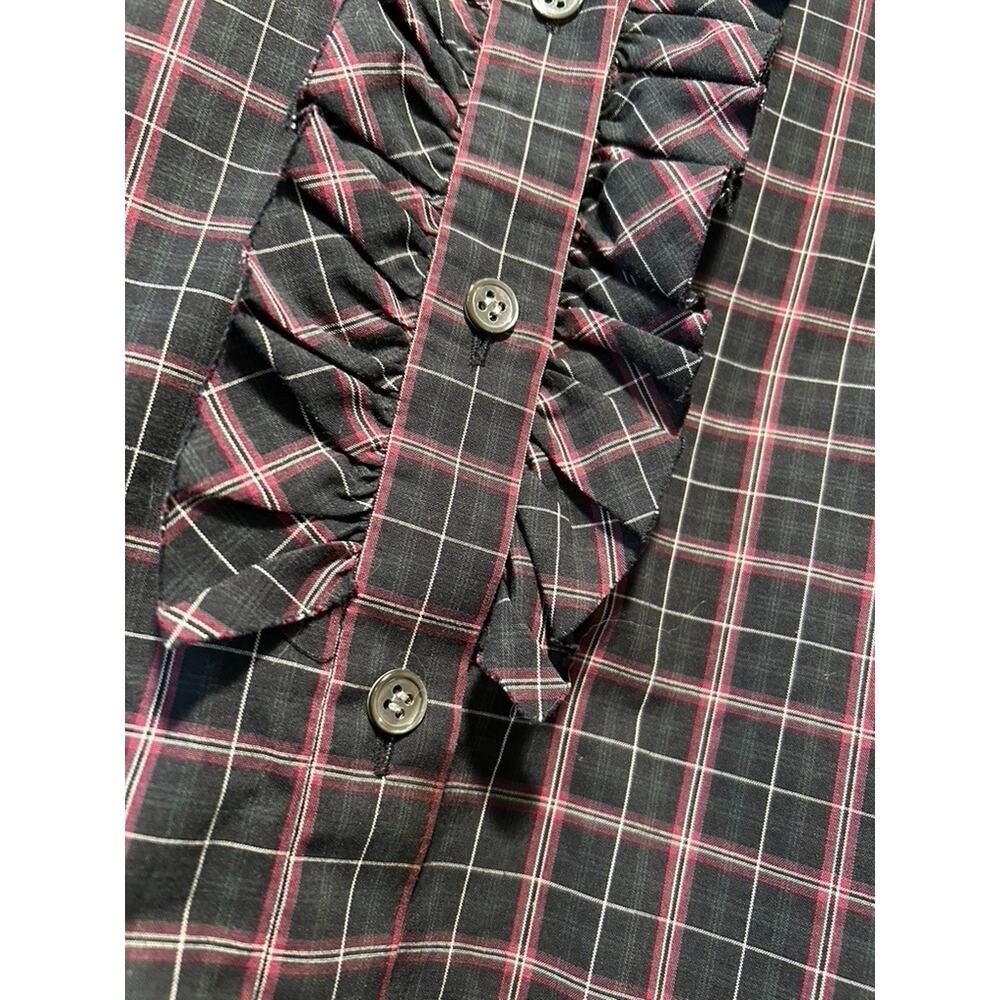 Theory Women's Button Down Ruffle Black Plaid Shirt Preppie sz Small